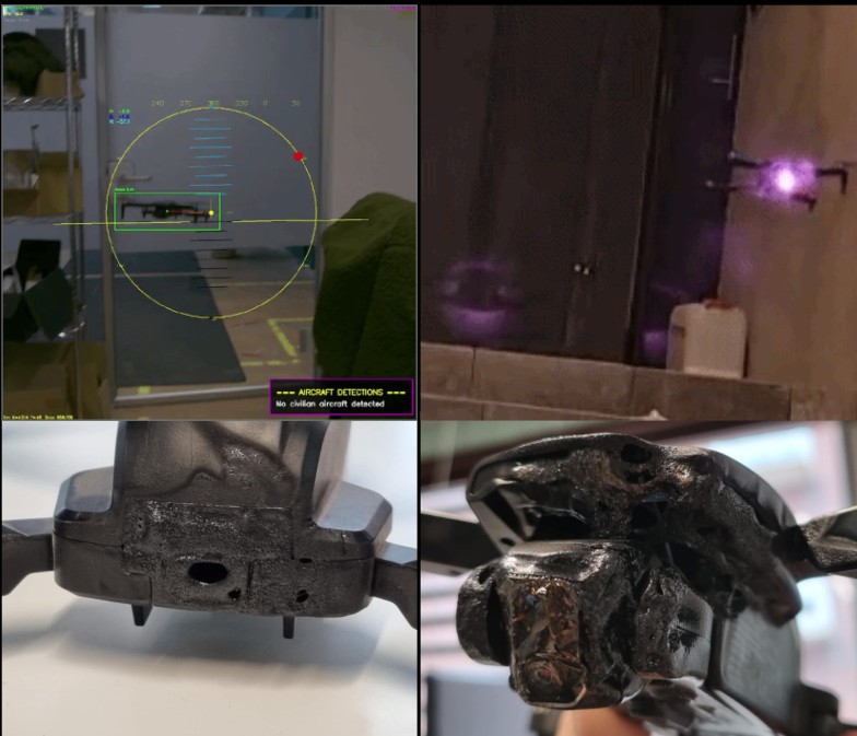 Four frames from testing: the targeting overlay tracking a drone with the ADS-B panel reading no civilian aircraft detected; the laser engaging the airframe; and the resulting burn-through damage to the drone body.