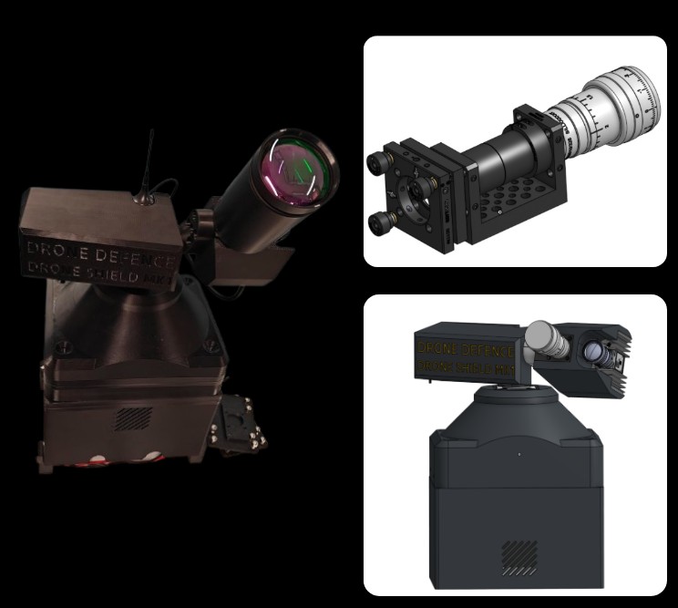 The Drone Shield MK1 turret: the built pan-tilt platform with beam expander, shown beside the optical assembly and the CAD model it was designed from.